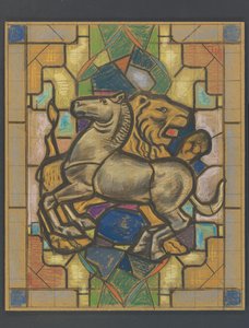 Bir at ve aslan ile vitray pencere için tasarım by Jaap Weyand