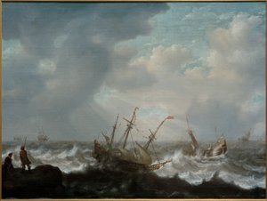 Fırtınalı denizlerde üç kaptan ve diğer gemiler by Jacob Adriaensz Bellevois