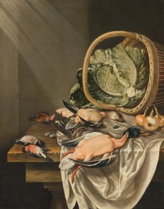 Devrilmiş marul sepeti, av hayvanları ve sebzelerle mutfak natürmortu by Jacob Biltius