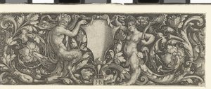 Bir erkek ve bir kadın satir tarafından taşınan kalkanlı friz by Jacob Binck (signed by artist)