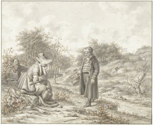 Oturan kadın ve sepetli duran adam ile tepelik manzara by Jacob Ernst Marcus