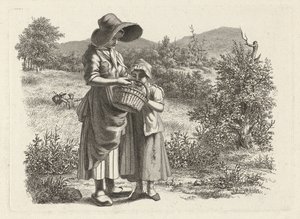 Genç kadın ve sepete bakan bir çocuk Çalışma baskıları / Etudes mezarları (seri başlığı) by Jacob Ernst Marcus