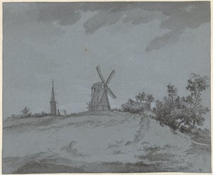 Bir tepe üzerinde yel değirmeni ve kilise ile manzara by Jacob Ernst Marcus