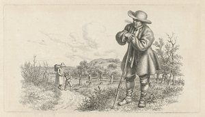 Bir çubuğa yaslanmış bir adam ve bir köy yolunda çocuğu olan bir kadın. Çalışma baskıları / Etudes mezarları (seri başlığı) by Jacob Ernst Marcus