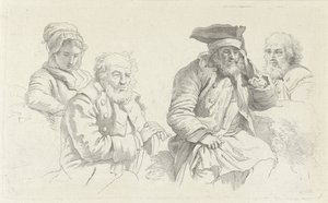 Üç yaşlı adam ve genç bir kadınla çalışma sayfası Çalışma baskıları / Etudes mezarları (seri başlığı) by Jacob Ernst Marcus