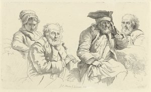 Üç yaşlı adam ve genç bir kadınla çalışma sayfası Çalışma baskıları / Etudes mezarları (seri başlığı) by Jacob Ernst Marcus