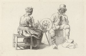 Çıkrık başında bir kadın ve oturan bir adamla çalışma sayfası Çalışma baskıları / Etudes mezarları (seri başlığı) by Jacob Ernst Marcus