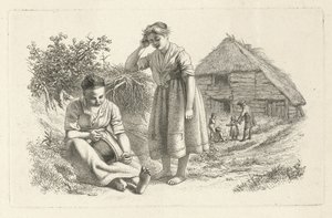 Bir ahırın önünde iki kadın ve çocuklu bir adam Çalışma baskıları / Etudes mezarları (seri başlığı) by Jacob Ernst Marcus