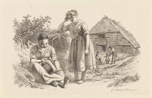 Bir ahırın önünde iki kadın ve çocuklu bir adam Çalışma baskıları / Etudes mezarları (seri başlığı) by Jacob Ernst Marcus