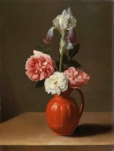 ""İris Buketi ve Fayans Tencerede Üç Gül"" (Çömlek Saksıda Bir İris Ve Üç Gül) Tablo Jacob Foppens van Es (1596-1666 dolaylarında), - Ahşap üzerine yağlı boya, Soluk 30x29 cm Fondation Custodia