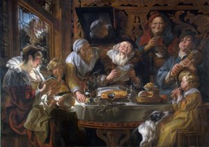 Yaşlılar Şarkı Söylerken, Gençler de Boru Çalar by Jacob Jordaens