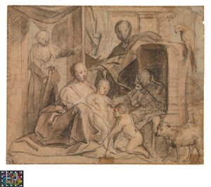 Almanca: Elisabeth ve Vaftizci Yahya ile Kutsal Aile (arka: kapı, kapı aralığı ve Hermes)
Hollandaca: De Heilige Familie met Elisabeth en de kleine Johannes (keerzijde: Deur, deuropening en Hermes) by Jacob Jordaens