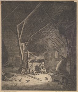 Anne ve İki Çocuklu Bir Ahırın İçi, Sağ Önünde Bir Domuz kopyası, 17. yüzyıl.