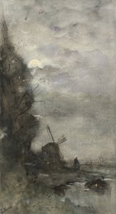 Ay ışığında değirmen ile manzara by Jacob Maris