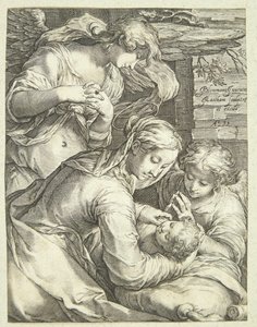 Çocuk ve iki melek ile Meryem Ana by Jacob Matham