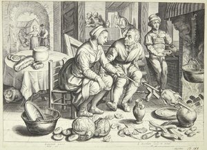 Bir erkek ve bir kadın tavuk kızartma ile mutfak sahnesi by Jacob Matham