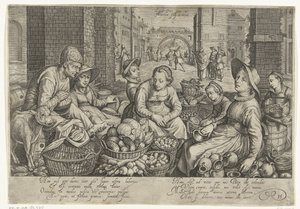 Arka planda bağdaki işçilerin benzetmesiyle pazar sahnesi, yaklaşık 1600 by Jacob Matham