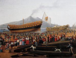 Castellammare di Stabia tersanesinde geminin denize indirilmesi (tuval üzerine yağlı boya) by Jacob Philippe Hackert