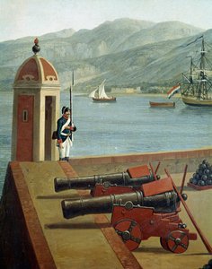 Reggio Calabria limanının askeri tahkimatlarının görünümü (Reggio Calabria askeri tahkimatlarının görünümü) Bir muhafız ve toplar (toplar ve muhafızlar) detayı - Jacob Philipp Hackert dit Hackert d