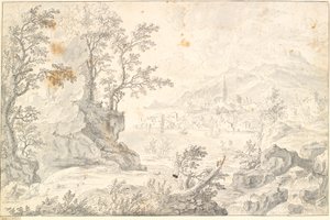 Bir şehir ile manzara (Hamburg?) Aşağı göl veya deniz manzarası by Jacob Stockmann