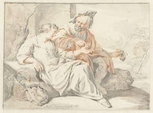 Oturan kadın bir adamdan para alır. by Jacob Toorenvliet