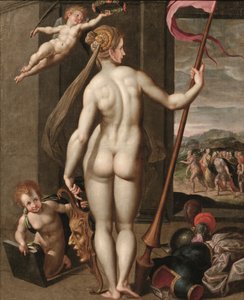 Bir putto tarafından defne ile taçlandırılırken elinde mızrak tutan Minerva (tuval üzerine yağlı boya) by Jacob de (studio of) Backer