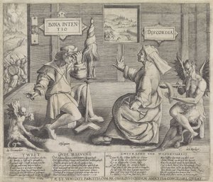 İyi Niyet (Bona Intentio) ve Anlaşmazlığın (Discordia) kişileştirmeleriyle alegori by Jacob de Gheyn (I) (circle of)