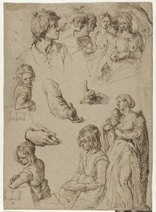 Ellerin ve figürlerin incelenmesi Genç bir adam, çocuğu olan bir kadın ve bir Paris yargısı veya cadıların sabbath ile çalışma sayfası by Jacob de Gheyn (II)