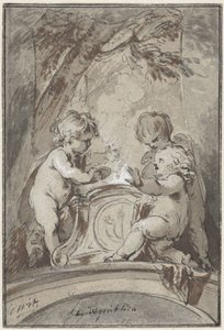 Bir sunakta üç putti ile alegori by Jacob de Wit