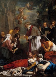 Gentli Saint Macaire pestiferleri kurtarıyor Saint Macaire, 11. yüzyıldan kalma bir Ermeni keşiş. Jacob II van Oost (1637-1713) 1673 Sun tarafından tablo. 3,5x2,57 m by Jacob the Younger Van Oost
