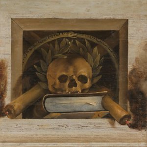 Vanitas Kafatası ile Defne Çelengi, Kitap ve iki Yanan Mum ile Natürmort