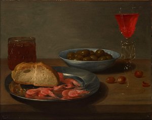 Karidesli bir tabak ve bir rulo, zeytinli bir kase, bir façon de Venise, bir bardak bira ve masanın üzerinde bademler by Jacob Van Es