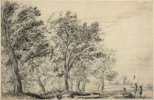 Üç Kişi Balık Tutma ile Ormanlık Nehir Manzarası by Jacob van Ruisdael