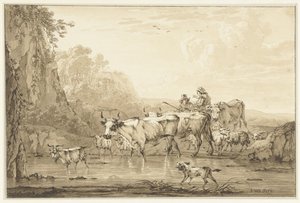 Bir havuz başında öküz ve koyun ile çoban ve çoban kız by Jacob van Strij