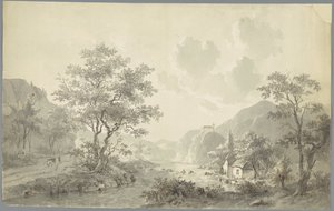 Bir dağ manzarasında bir gölde şelale by Jacob van Strij