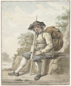 Bir sırt çantası ve bir baston ile oturan adam by Jacob van Strij