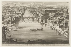 Tiber Nehri üzerinde Ponte Sisto ile Roma manzarası Prospektüs Pontis Sixti IV locorumq adjadentium (nesne üzerindeki başlık) Roma