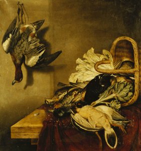 Devrilmiş Bir Tavuk Sepeti, Bir Tavşan, Bir Enginar ve Marul, Kırmızı Bir Kumaşla Dökülmüş Bir Çıkıntıda, by Jacobus Biltius