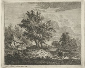 Üç ağacın yanında yürüyüşçülerle dolu bir manzara by Jacobus Cornelis Gaal