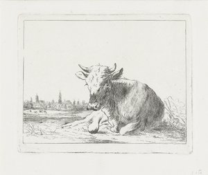 Yatan inek, arka planda bir şehir by Jacobus Cornelis Gaal