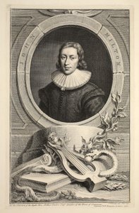 John Milton'ın portresi, 'Büyük Britanya'nın Şanlı Kişilerinin Başkanları'ndan bir çizim, pub. Knapton, Londra 1742 tarafından by Jacobus Houbraken