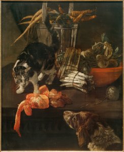 Köpek ve kedi ile mutfak parçası by Jacobus Victors