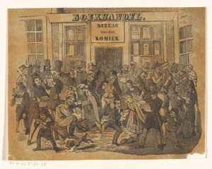 De Komiek'i almak için bir kitapçının önünde kalabalık by Jacobus Wilhelmus Adrianus Hilverdink (possibly)