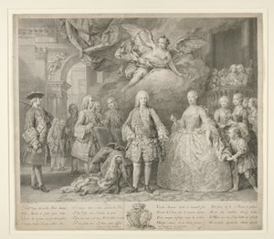 Ferdinand VI ve kraliçesi Bragançalı Maria Barbara, Scarlatti ve ünlü İtalyan hadım Farinelli ile by Jacopo (after) Amigoni