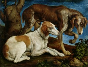 Bir Ağaç Kütüğüne Bağlanmış İki Av Köpeği, c.1548-50