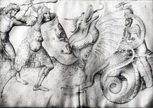 Savaşçılar ve bir ejderha arasındaki savaş, c.1450 (parşömen üzerine mürekkep) by Jacopo Bellini