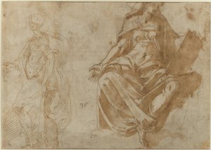 Aziz Cecilia ve bir kitap tutan oturmuş bir kadın figürü by Jacopo Ianguidi Bertoia