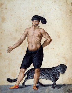 Önde duran genç Afrikalı adam, yarı giyinik kafasında uzun bere (şapka) giyiyor, arkasında kaplan var, çizimi Jacopo Ligozzi (1547-1627) by Jacopo Ligozzi