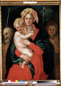 Aziz Joseph ve Vaftizci Yahya ile Bakire ve Çocuk (Aziz Joseph ve Vaftizci Yahya ile Madonna ve Çocuk). İsa elinde bir kuş tutar. Jacopo (Iacopo) tarafından yapılan tablo Carrucci dit il Pontormo (Pontorme) (1494-1557), yaklaşık 1520. Flora sanatı by Jacopo Pontormo