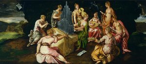Tintoretto (1519-1594) olarak bilinen Jacopo Robusti, Muses ve Pierides arasındaki yarışma, panel üzerine yağlıboya, 46x91 cm
